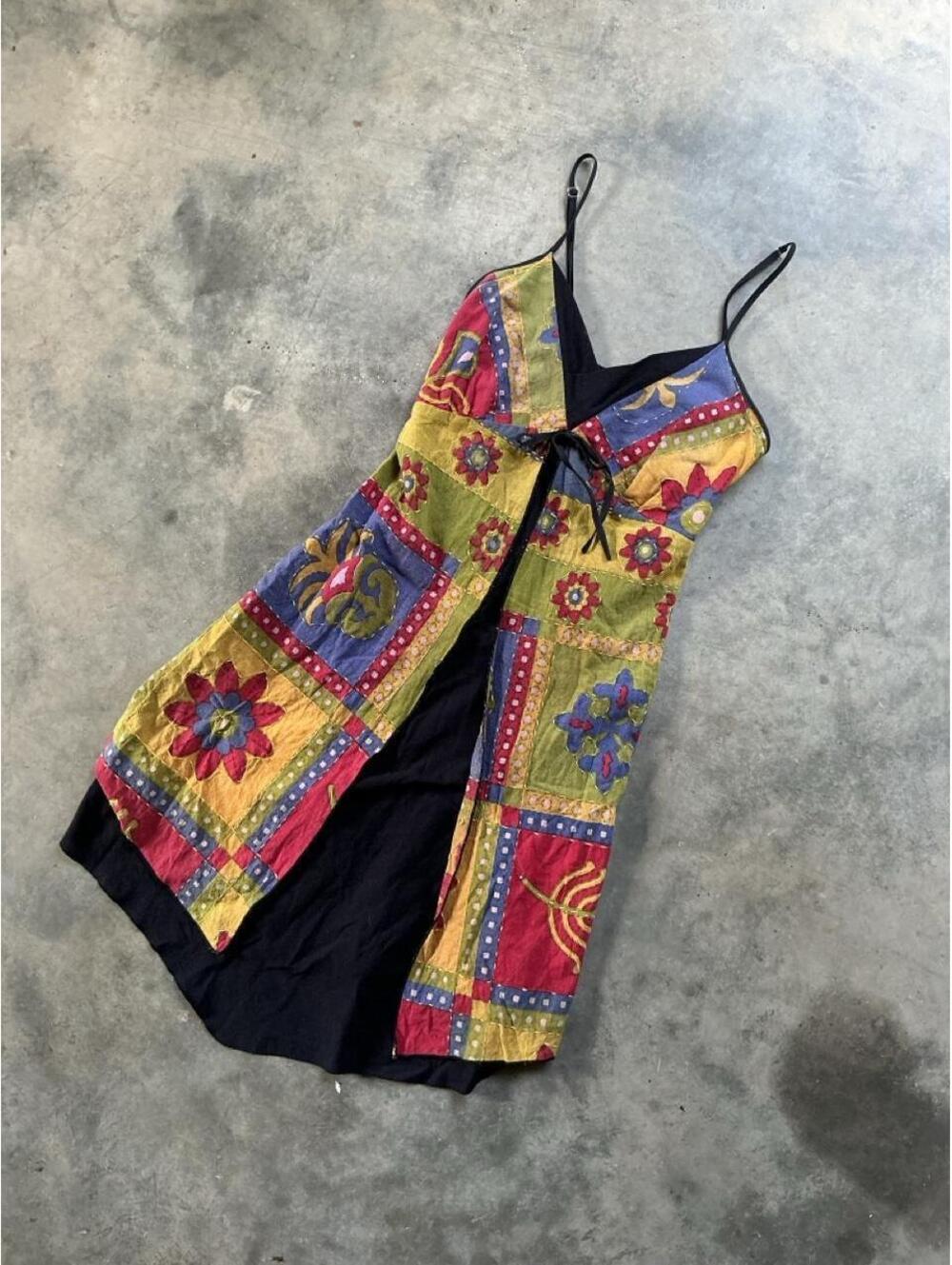 Y2K Patchwork Boho Tie Front Midi Dress